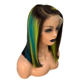 Short Black Straight Front Lace Human Hair Bob Wig with Highlights